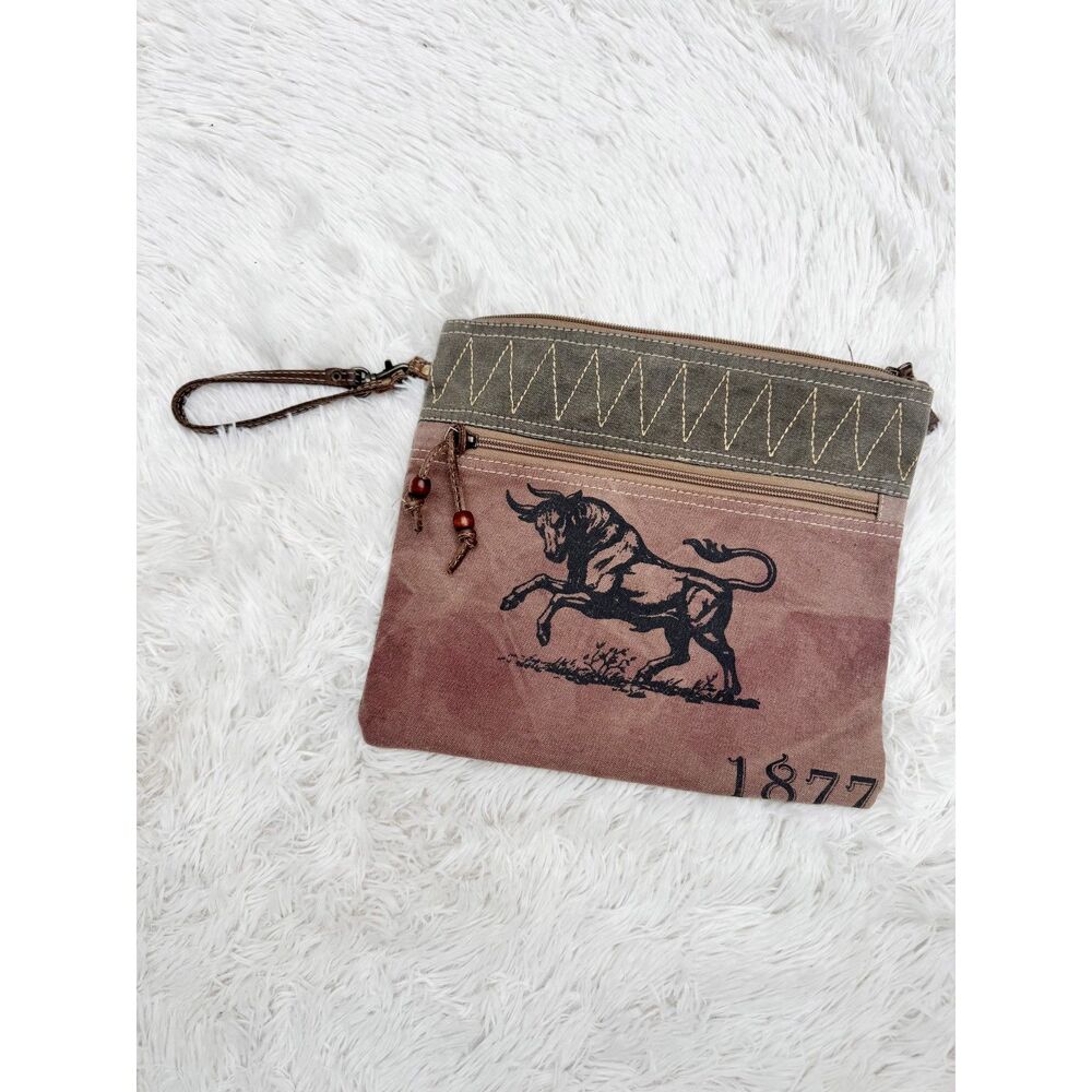 Myra Bag Upcycled Canvas Leather Wristlet Clutch 1877 Bull Print Western
